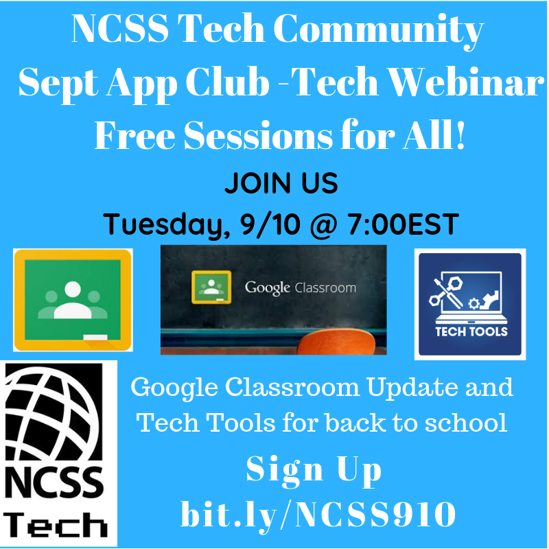 TechNCSS's tweet photo. Do you KNOW what's happening three weeks from right now? Basically, a laid back webinar that will set you up for #edtech for this fall. Join us!
bit.ly@NCSS910
@NCSSNetwork
@CUFANCSS 
#sschat https://t.co/sHRyTx8ahU