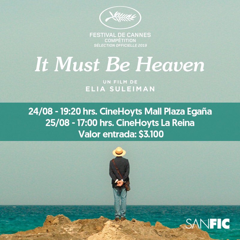 ComPalestinaCL's tweet photo. Película palestina en SANFIC, ¡no dejes de ir a verla en Cine Hoyts este fin de semana! https://t.co/rCE5B50lPO #ItMustBeHeaven #EliaSuleiman https://t.co/bekulJugeF