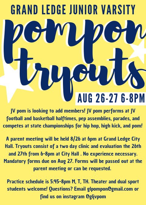 Grand Ledge Pompon (@glpom) on Twitter photo Jv pompon tryouts start next week!! We hope to see you there!
<a href="/gl_section/">GL Student Section</a> <a href="/GLPS_rightnow/">Grand Ledge Public Schools</a> Jv pompon tryouts start next week!! We hope to see you there!
<a href="/gl_section/">GL Student Section</a> <a href="/GLPS_rightnow/">Grand Ledge Public Schools</a>