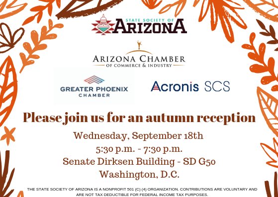StateSocietyAZ's tweet image. Grab your sweaters and scarves! It’s our fall reception coming this September. RSVP to president@statesocietyaz.com. Details below! 🍁 🍃 🍂 🎃 #SSAZ #FallinDC