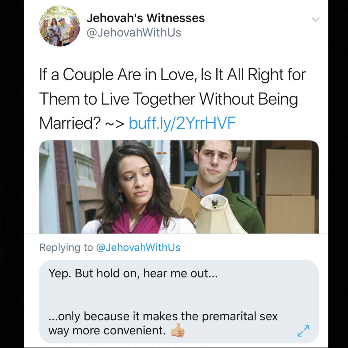 TheSparrowfield's tweet photo. Fiiiiiiiiine.
I deleted it. 🙄
#Makingloveneverfails #JehovahsWitnesses #JW #Watchtower #exjw #dontbeculty #jehovah https://t.co/xidvYdpPFy