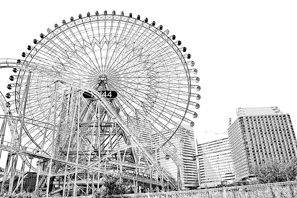 飛河春夏 漫画背景 写真加工 フリー素材 ジェットコースターや観覧車は空とのコントラストがきれいな白が多く使われた設備なので 本当は線で表すのは無粋なんだけど仕方ない このまま空トーン入れると汚くなるし 線ナシで空トーン入れると写真っ