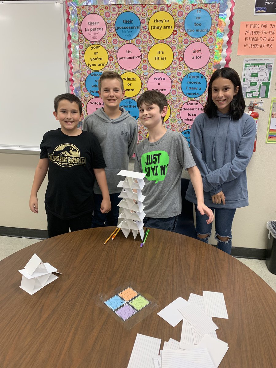 czitzmanteach's tweet photo. Team building + get-to-know-you today! Written on each index card was one thing their team had in common. Tallest tower wins! These are the three winners from my block classes. #fabwms #bisdshines #backtoschool https://t.co/8TSpGRptB6