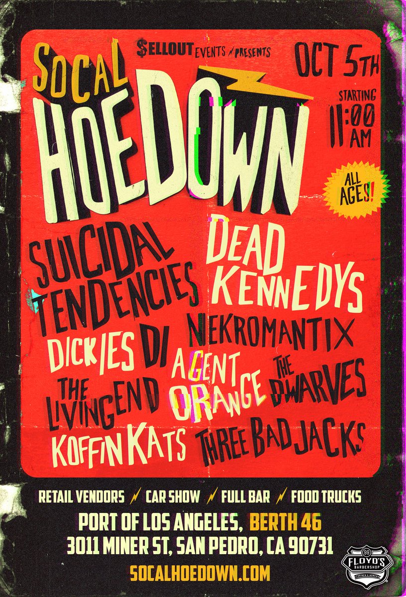 socalhoedown's tweet photo. Just added Dead Kennedys, The Living End, Koffin Kats, Shattered Faith, El Nada &amp; The Whitekaps!

Presale tickets available https://t.co/3xjW9lVRBS

The 3rd annual So-Cal Hoedown comes to San Pedro on Oct 5th!  With live performances from Suicidal Tendencies, Nekromantix, The Di https://t.co/S8LgelBXU6