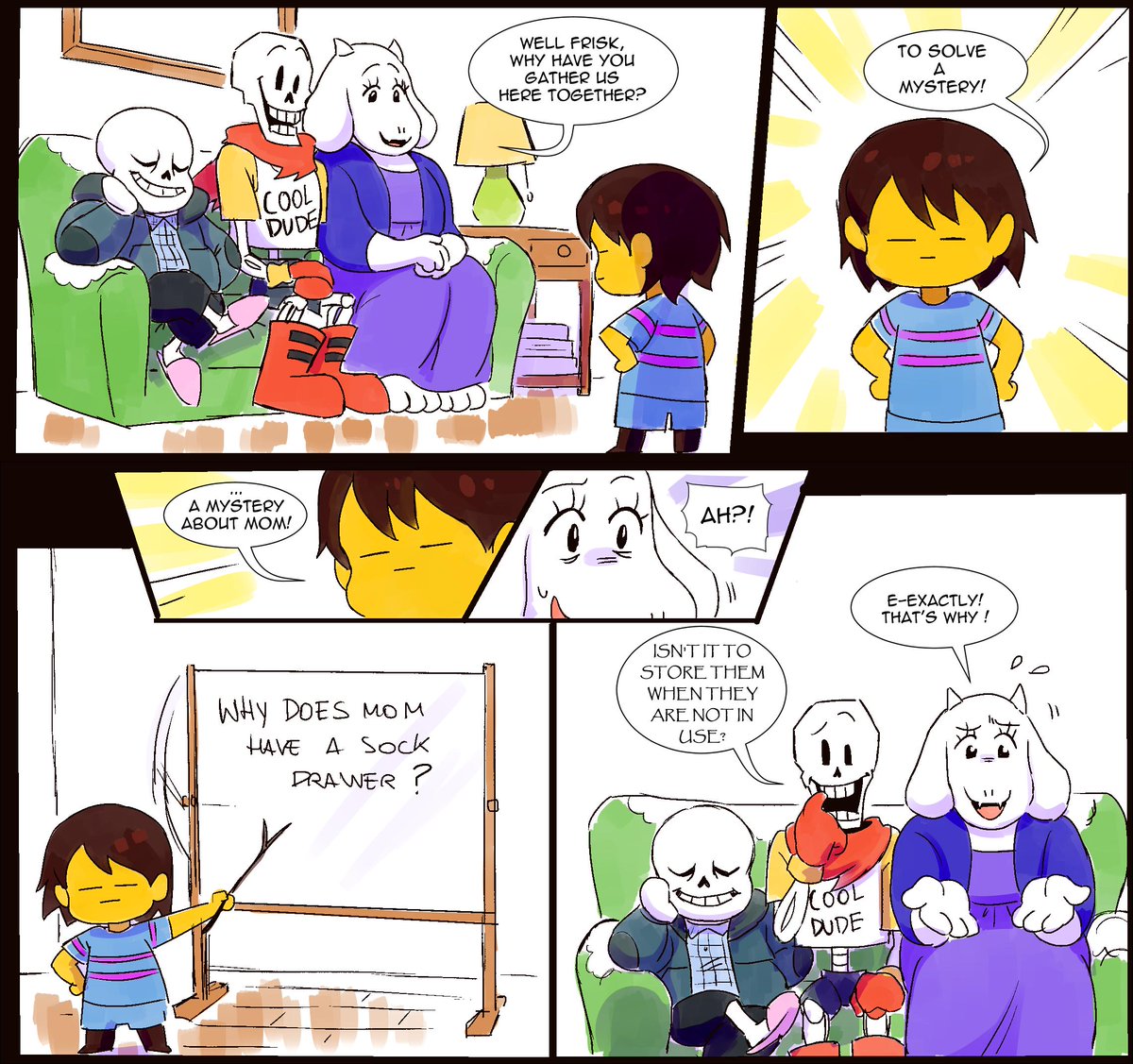 Silly comic based on the fact that Toriel has a sock drawer in her room but she doesn't wear any socks ? maybe she has them as ear warmers or they were from the other fallen children or to collect them or use them as sock puppets, the world may never know for sure 