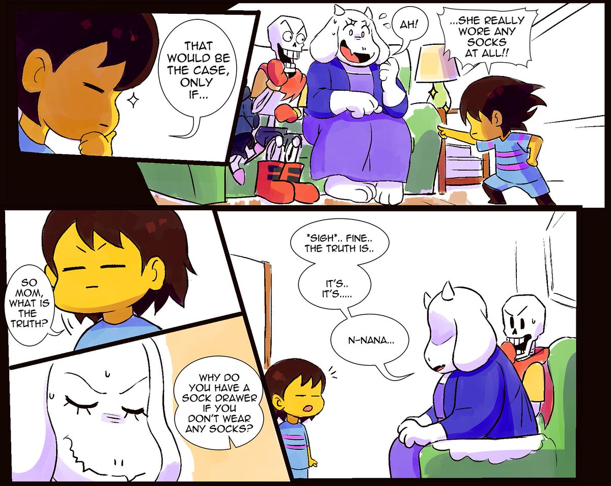 Silly comic based on the fact that Toriel has a sock drawer in her room but she doesn't wear any socks ? maybe she has them as ear warmers or they were from the other fallen children or to collect them or use them as sock puppets, the world may never know for sure 