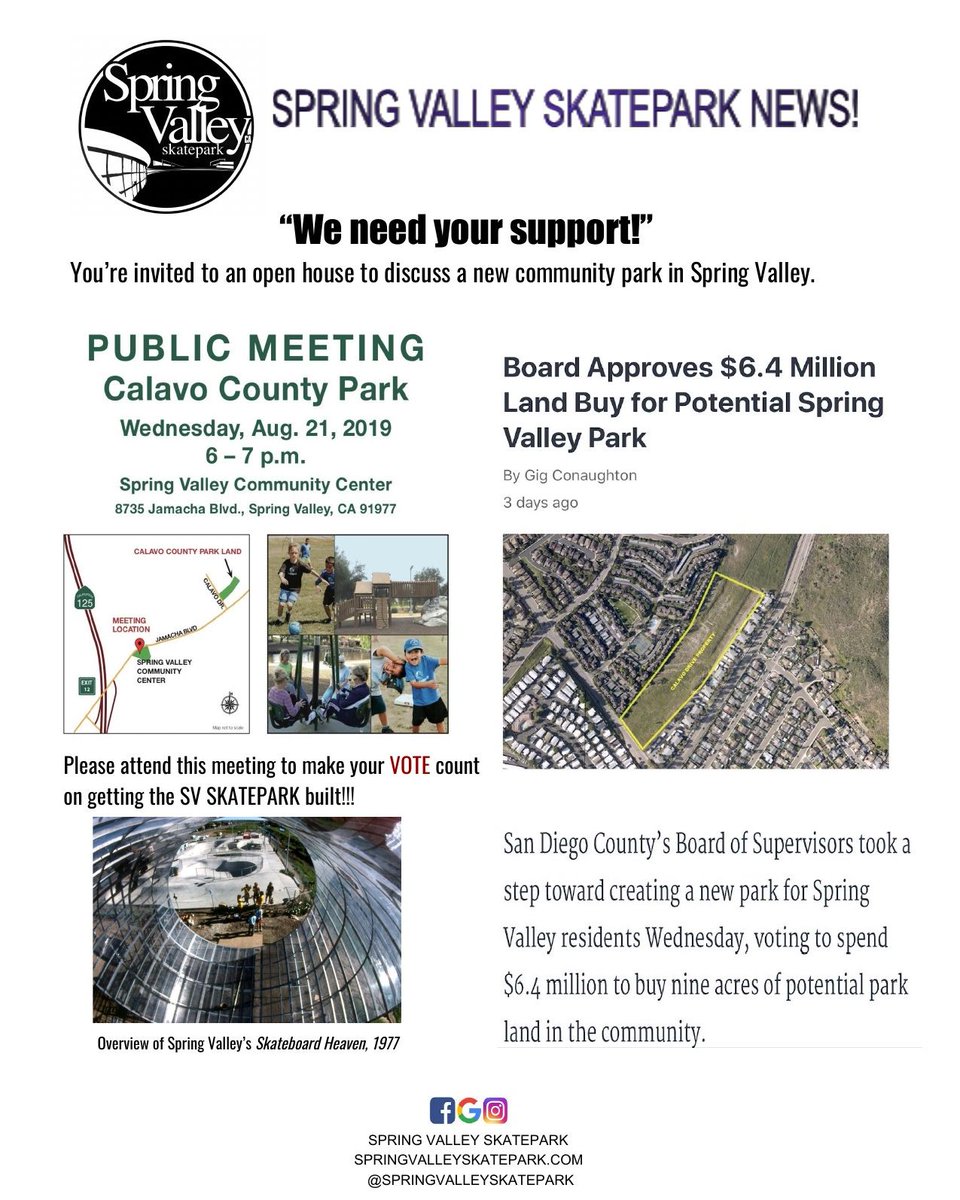 skatepark's tweet photo. Attention Spring Valley CA skaters, BMX riders, bladers and scooterererers! Here's an opportunity to voice your opinion about your need for a skatepark in your area! Get out and represent! #advocacy #skateparkadvocacy #springvalleyskatepark #springvalleyca @springvalleyskatepark https://t.co/iTR2ZPqN8R