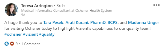 VizientInc's tweet photo. Thank you, Teresa Arrington! It's a pleasure to meet with you and to share Vizient's capabilities with a great organization like #oschner
https://t.co/eypa8Xh6Q2 https://t.co/XtWTfuis4U