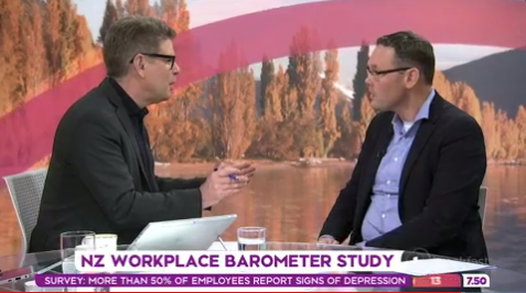 HealthyWorkGrp's tweet photo. Thanks @Breakfaston1 and @JohnJCampbell for having HWG co-founder Bevan on air this morning to share 2018 NZ Workplace Barometer findings. Bevan discussed the key role that @dollarmf @APCWHS's psychosocial safety climate plays in improving worker wellbeing. Video to follow! https://t.co/REW26tNSP5