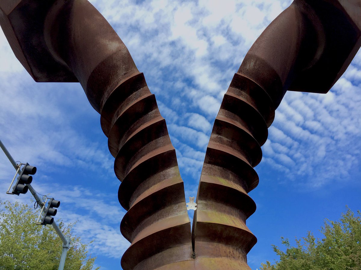 Shoe Bear®️admires William T. Crawford’s sculpture ‘Split’. Georgia Museum of Art. UGA Campus. Will. #♻️ #Recycle #Reuse #GoGreen #GreenLiving #RecyclePlastic #ShoeBears  #GooglyEyes #IronWork #Sculpture #SteelSculpture #Split #Memorial #MemorialSculpture #UGA #AthensGeorgia