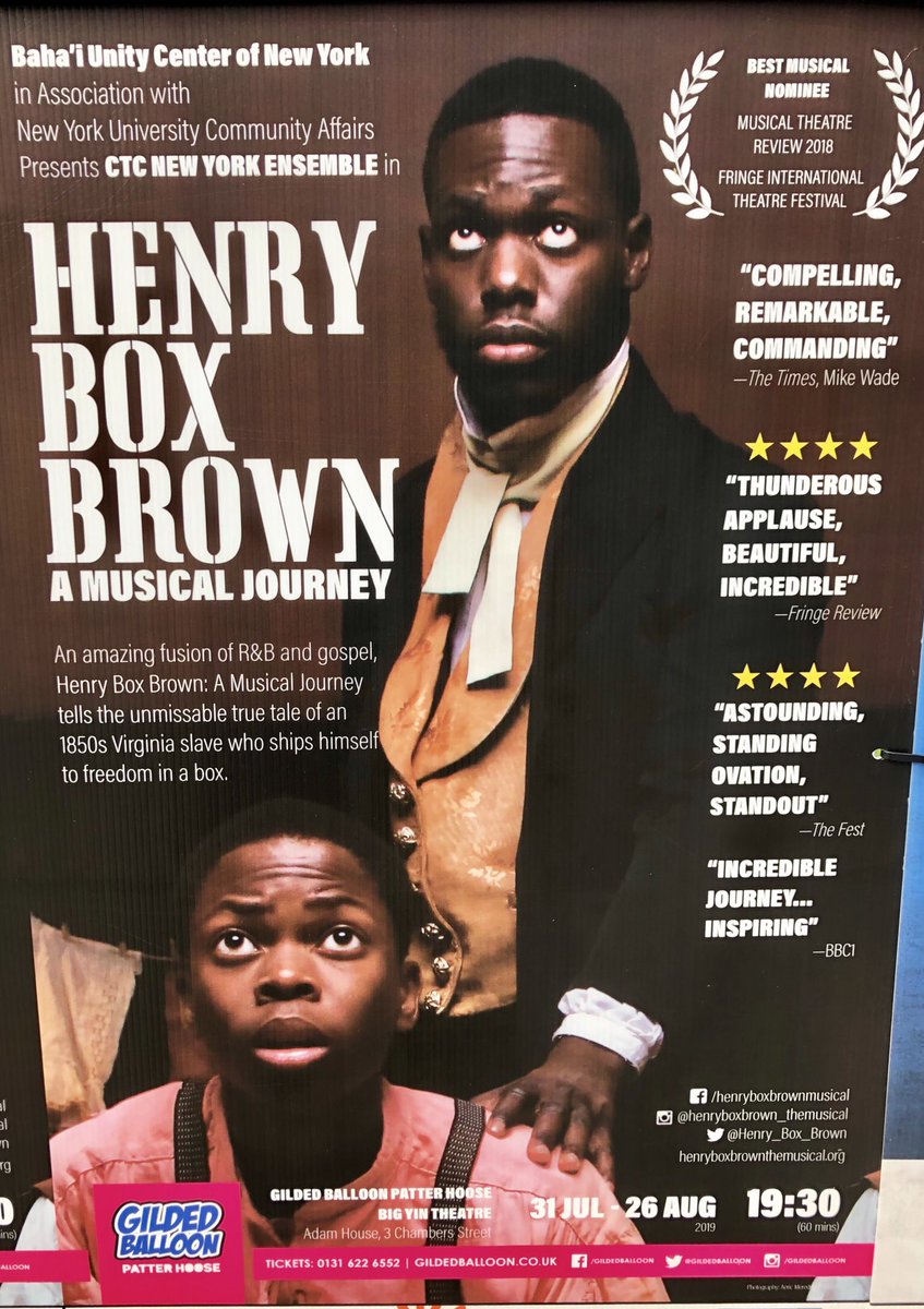 theatrehinton's tweet image. Lon/Edi19 Day14/Show39: A community production (so different critical lens) of a new musical. Great idea for show - true story of a slave who posted himself to freedom in a box. Some great singing, but show is let down by the book and unimaginative staging #HowManyShowsIn16Days?
