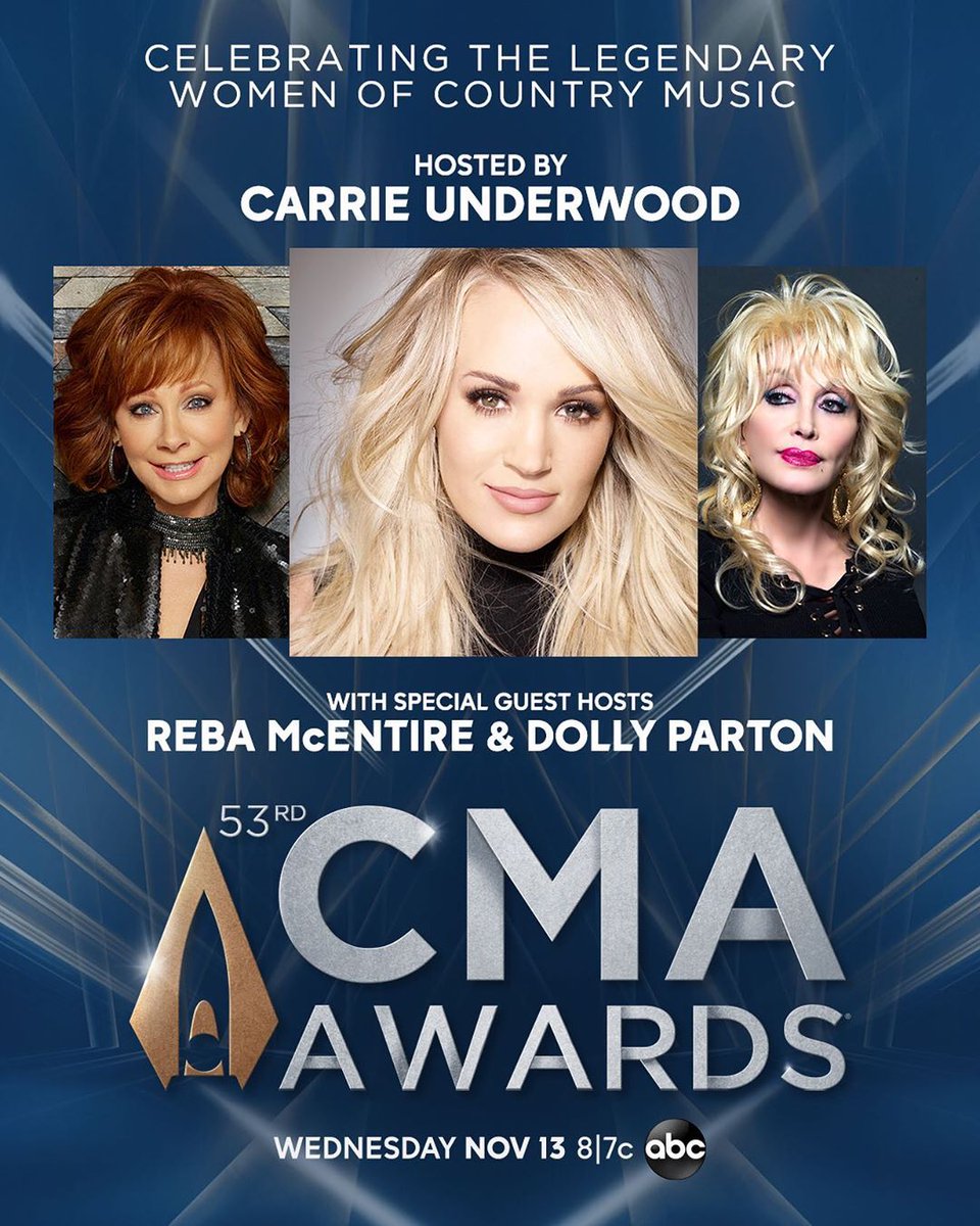 carrieunderwood's tweet photo. So thankful to the #CMA for wanting to honor the women of Country Music for this year’s #CMAAwards ! I couldn’t be more excited to get to stand up there with 2 of my personal heroes... @reba and @DollyParton are trailblazers, icons and... https://t.co/xeNXuRoprT https://t.co/I28S4KDORs
