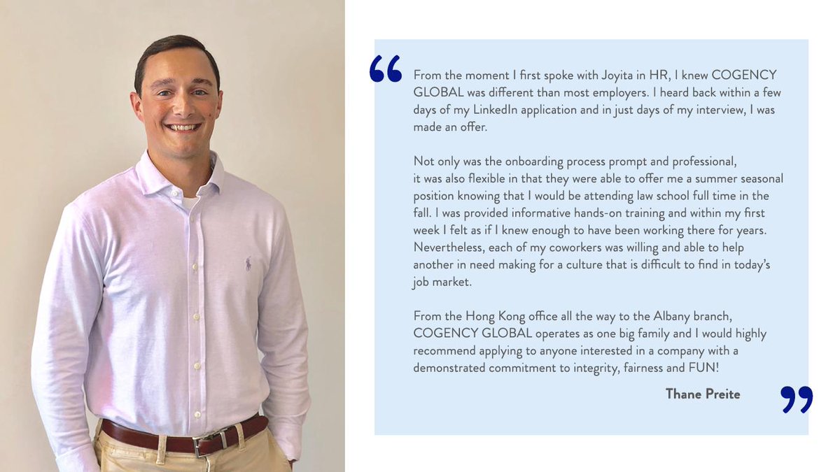 CogencyGlobal's tweet photo. Before starting law school this fall, Thane Preite shared some kind words about his experience working in our #Albany office over the last few months.
Thane, best of luck with your studies! We hope you'll join us again next summer.
#IntegrityFairnessFun #LawSchool #NewYork https://t.co/MN3Oz4foSh