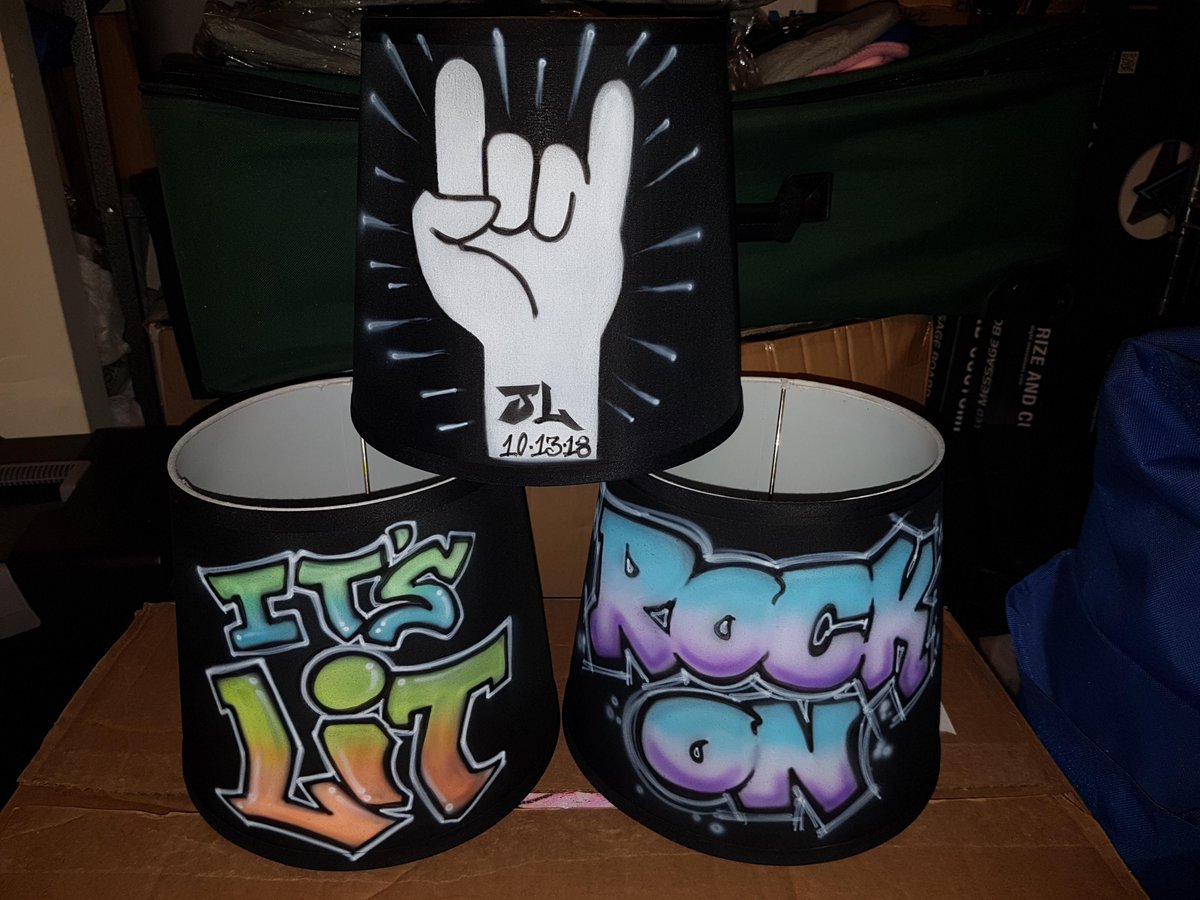 festercustomart's tweet photo. Bright idea! 💡 Graffiti art airbrushed by Fester on lamp shades for party decor - we love how these turned out for Life of the Party Events! 
#graffiti #art #partydecor #customlampshade #custompartydecor #partyidea https://t.co/0txwuMVmnM
