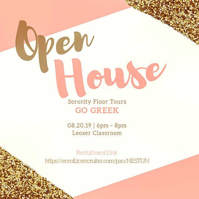 ‼️ TOMORROW ‼️
Join us @ 6PM in the Leoser classroom (near the Chatterbox/Essentials) to take a tour of the Sorority floors in NW Leoser! We can’t wait to see you there! 😍🎉 #GoHawks #GoGreek #NSU2023