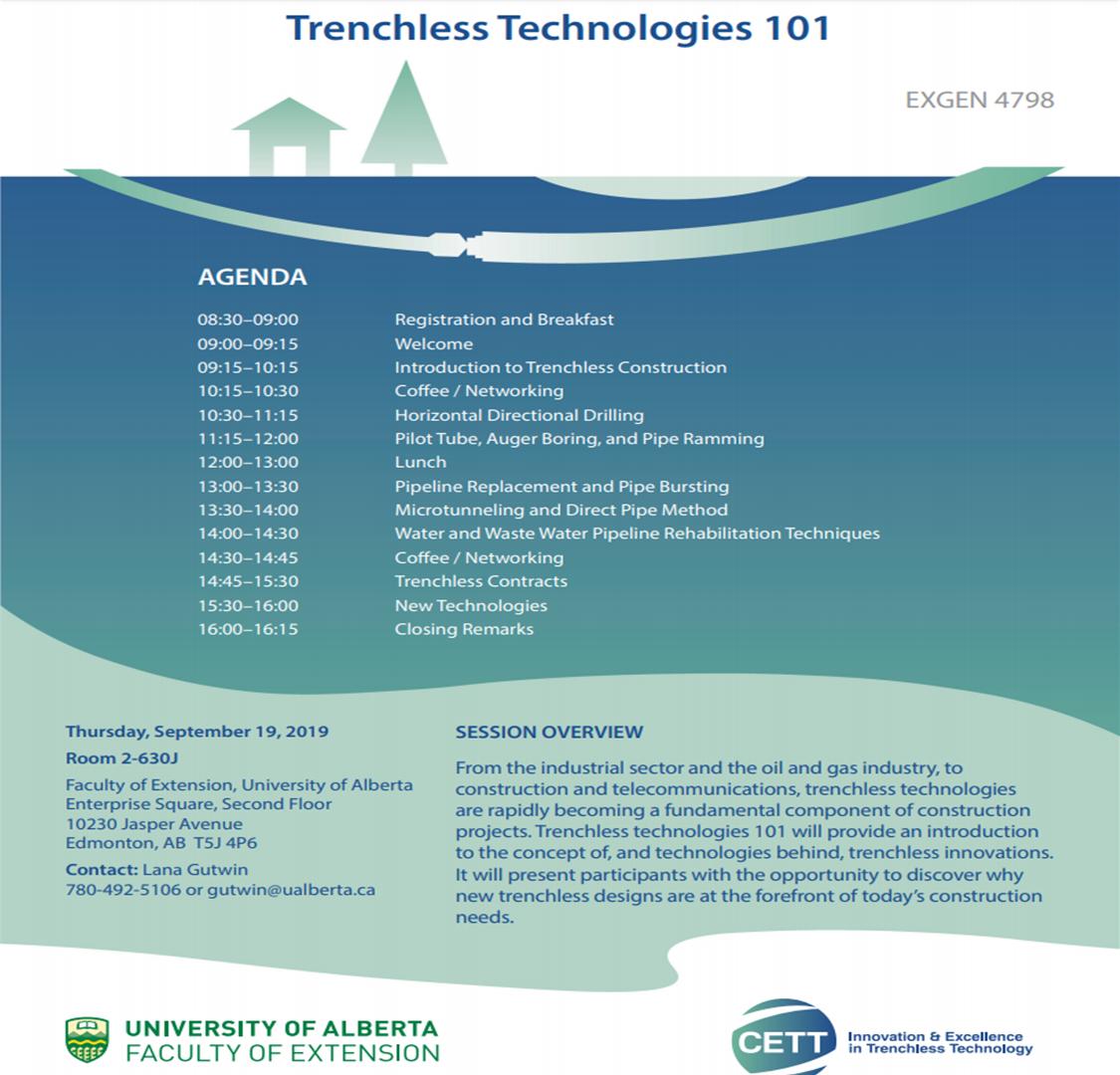 Our #trenchless #Technologies 101 course is OPEN for registration ualberta.ca/extension/cont… come join us &amp; <a href="/CETT_ualberta/">CETT</a> for this 1-day workshop on September 19 &amp; check out our #professionaldevelopment series, too. ualberta.ca/extension/cont…