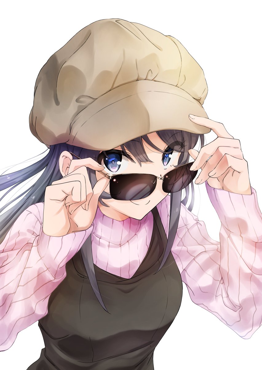 sakurajima mai 1girl solo sweater sunglasses long hair white background hat  illustration images
