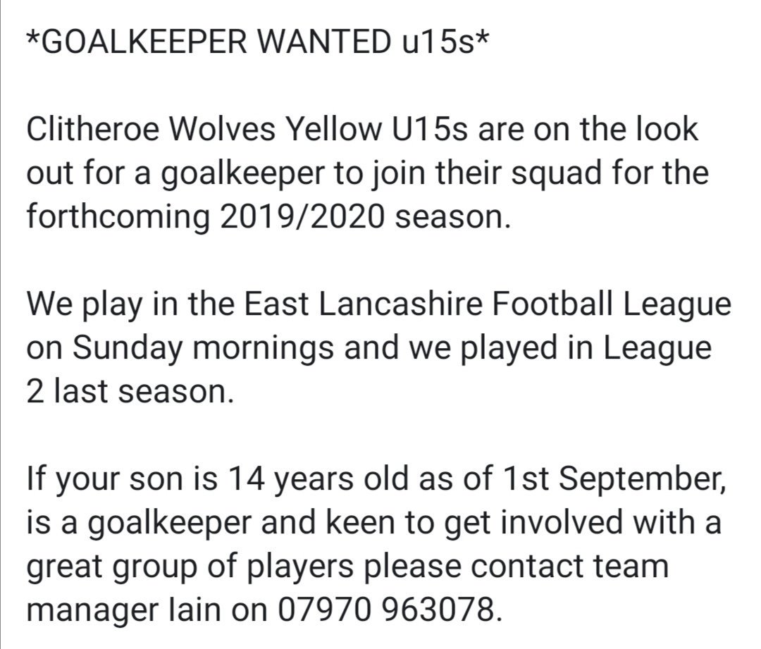 Ribble Valley Rocks (@ribblevalleyrox) on Twitter photo U15 goalkeeper wanted <a href="/clitheroewolves/">Clitheroe Wolves</a> <a href="/ELFAJfl/">ELFA</a> please share <a href="/Rimyfc/">Rimington Football Club 🏴</a> <a href="/longridgegall/">Longridge Gallery</a> ⚽ U15 goalkeeper wanted <a href="/clitheroewolves/">Clitheroe Wolves</a> <a href="/ELFAJfl/">ELFA</a> please share <a href="/Rimyfc/">Rimington Football Club 🏴</a> <a href="/longridgegall/">Longridge Gallery</a> ⚽