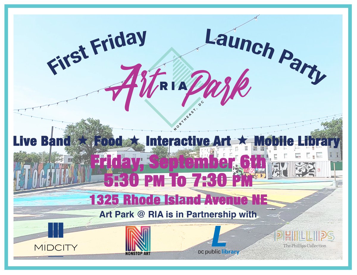 dcRIAlized's tweet photo. Mark your calendars for ๐ September 6th! We will be kicking off the launch party for Art Park @ RIA, a community celebration done in partnership with @MidCityDev @LLCNonStop @DCPL @PhillipsMuseum. We hope to see you there! #ArtParkRIA #DCrialized #riaDC https://t.co/UNDWYdi9Ii