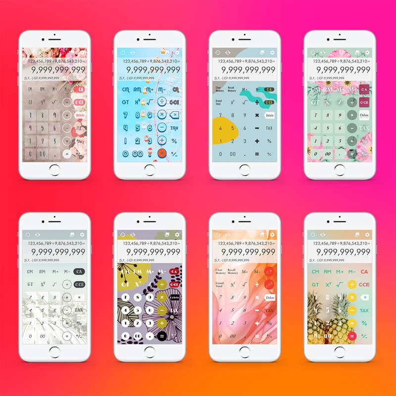 オシャレな女性のためのアプリ オシャレな女性向け電卓アプリ Stylishcalc のデザインテーマです 見ていると楽しくなるカラフルなデザインテーマたちです T Co Ipmslvfkit 電卓 計算機 デザイン アート ファッション 花 アプリ