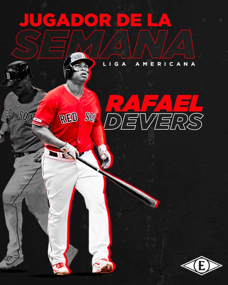 Felicitaciones para nuestro Rafael Devers que se lleva los honores de #JugadorDeLaSemana en la #LigaAmericana por primera vez en su carrera al terminar el período con .593 AVG .633 OBP y 1.185 SLG 3 H4 7 H2 7 CA 11 CE #UnLeon #Ruge #TablaEscarlata #GenEscarlata