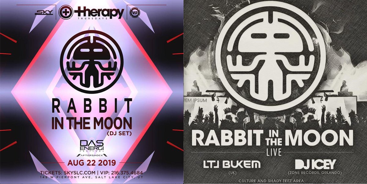 Rabbit Events coming up... 

Bunny and A Machine will be djing Thurday in Salt Lake City...

facebook.com/events/4904175…

And Sept 1st will be the return of Rabbit in the Moon Live in Ft Lauderdale with Icey and LTJ Bukem...

facebook.com/events/2202699…