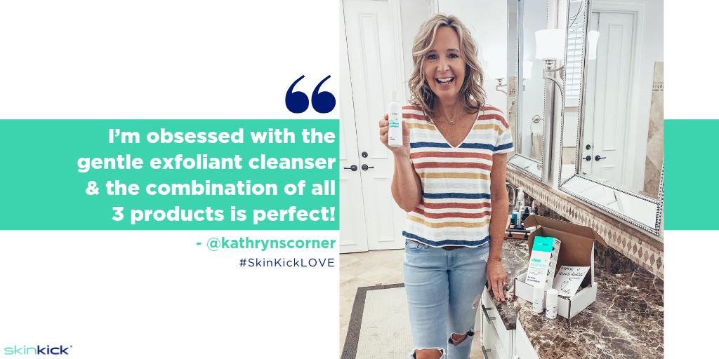 SkinKick's tweet photo. #MondayGoals: Be as excited about this week as @kathrynscorner is about #SkinKick's Clear + Renew Kick Trio 🤩 ⁠
⁠
» "Revitalize your face and help your #skin glow with @skinkick! All their products are safe, natural, fragrance-free and effective!" 💚 #SkinKickLOVE https://t.co/65MbiTYoor
