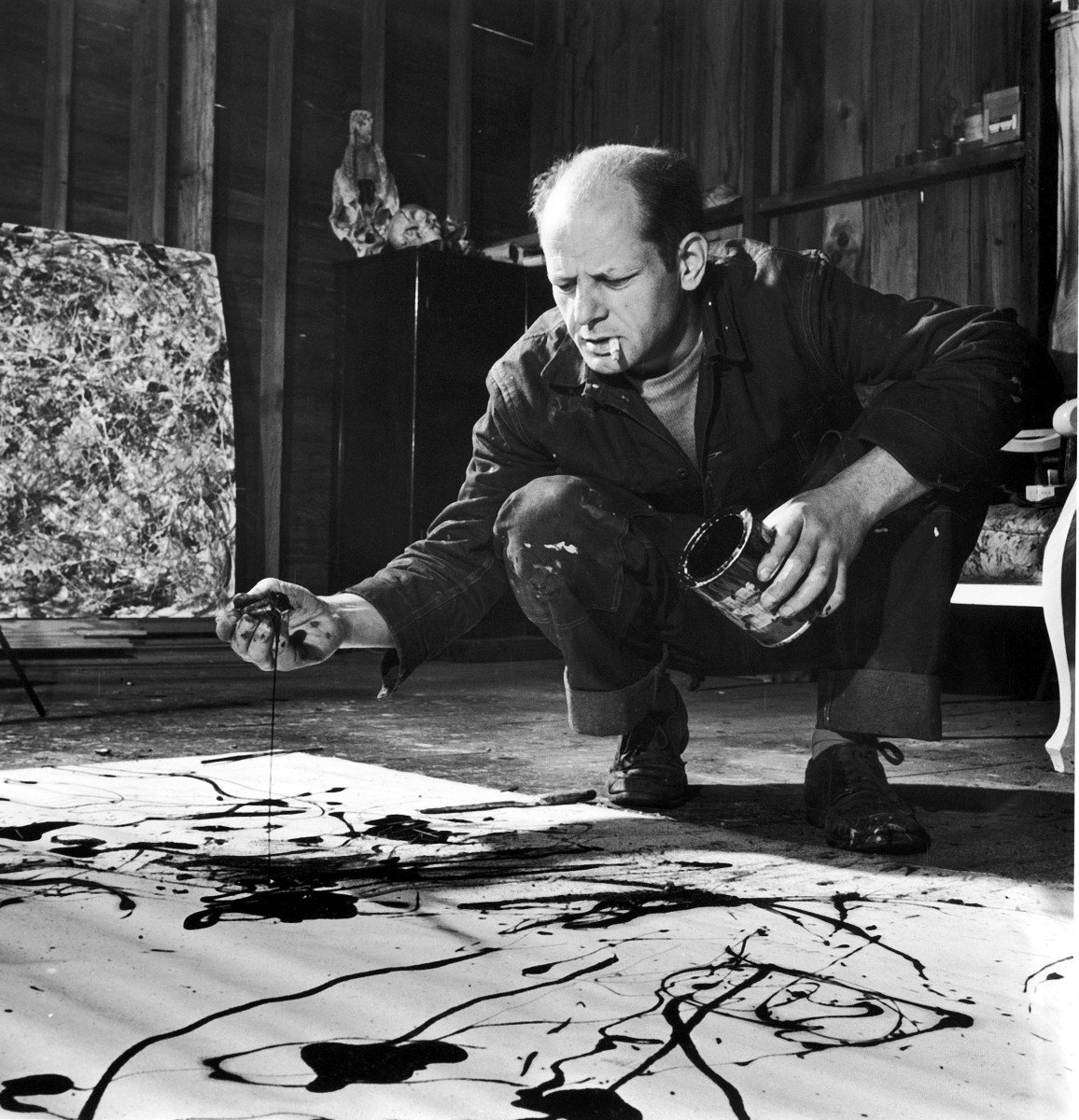 Jackson Pollock (1912-1956) trabajando en su estudio, perspectiva en  miniatura del escultor Joe Fig (Nueva York, 1968)., image size:1156x1200