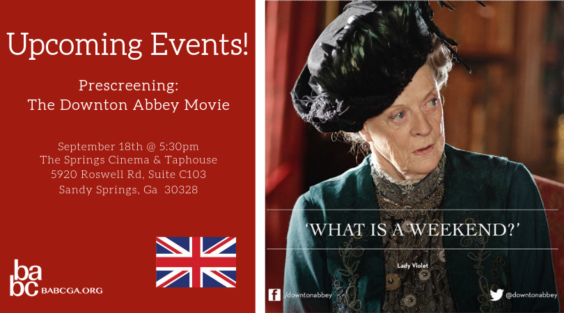 babcga's tweet photo. Hope you had a #royally good time this #weekend!
#babcga #british #TheDowntonAbbey #Fall #Georgia #getyourticketsbeforetheyrunout #prescreening #didyougetyourticketsyet #askushow #ladyviolet https://t.co/FWnRmhCxMk