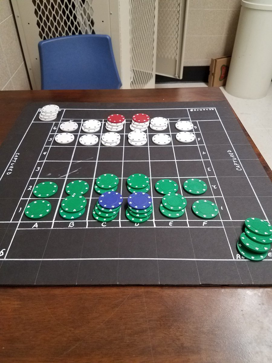 AsmodeusDM's tweet photo. So. Pictures.

This is the opening positions of the game. Note three regions: The play area, the reserves, and the captured zone.

The object of the game is to capture your opponents two lords (red) without losing yours. (Blue) https://t.co/Oja9ASNhMI