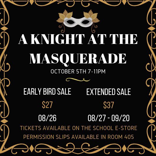 This year’s homecoming theme is “A Knight at the Masquerade.” If you want in on the early bird special make sure to purchase your ticket on the e-store ONLY on 8/26! #hoco2k19