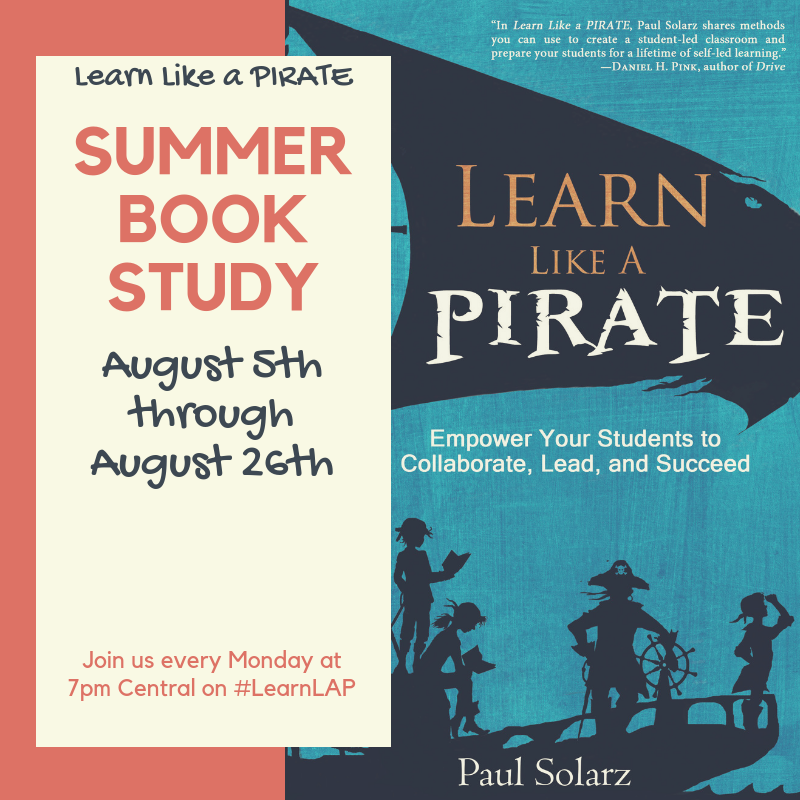PaulSolarz's tweet photo. TOPIC: "Active Learning & 21st Century Skills"
Please join me TONIGHT at 7pm Central for #LearnLAP as we discuss chapters 6-7 of "Learn Like a PIRATE."
#k12 #KidsDeserveIt #kinderchat #ksdechat #kusdlearn #LeadLAP #leadupchat #LearnLAP #LetStudentsSpeak #MakeItReal #masscue18 https://t.co/vZOrjNd9sq
