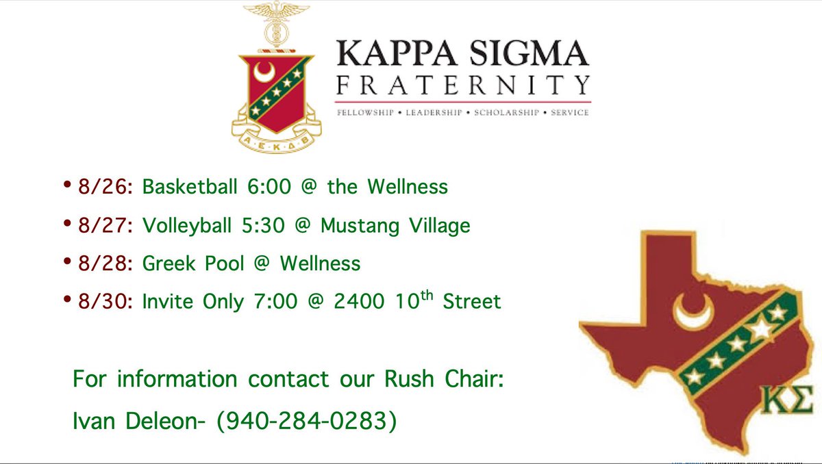 MWSUKappaSigma's tweet photo. The Theta-Gamma chapter of Kappa Sigma Fraternity invites you to join us for these events listed below. We can’t wait to meet you guys!
#RushKΣ
#MsuTexas23 https://t.co/xe4P7zoN71