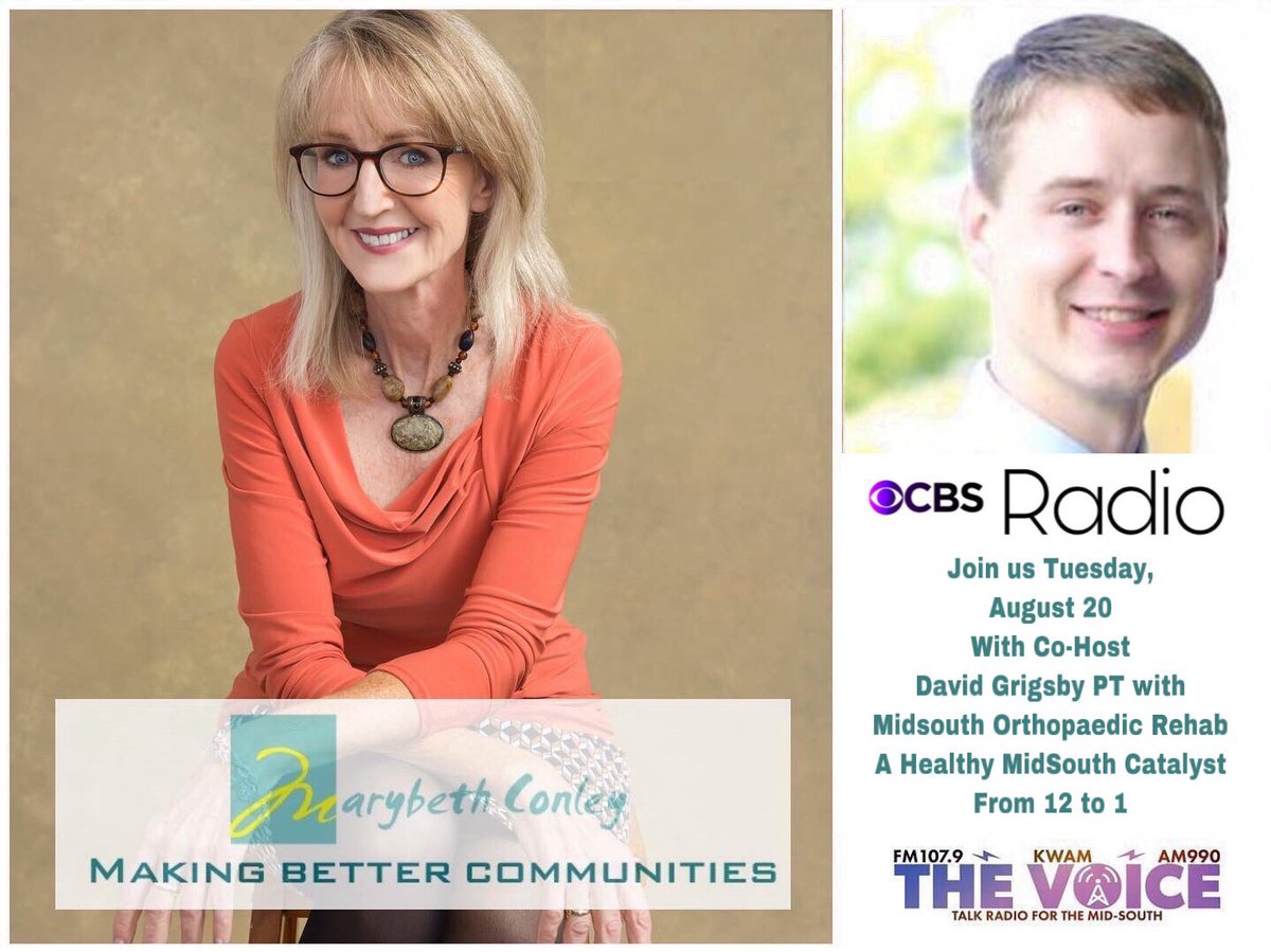 LivingWithMir's tweet photo. Please join us Tuesday, August 20 on #cbsradio @midsouthortho @marybethconleyonair at Noon CST @kwamthevoice #LivingInColorInsideAndOut #facebooklive #radio #makingbettercommunities #am990 #1079fm @marybethconleyonaiir @wreg3 @livingwithmir #healthymidsouth #catalyst https://t.co/ncOs9F3uv1