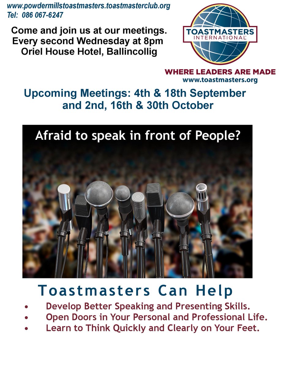 We are back from our summer break from 4th September. So if you are looking for something to improve your self-confidence or presentation skills call in #Toastmasters in #Ballincollig