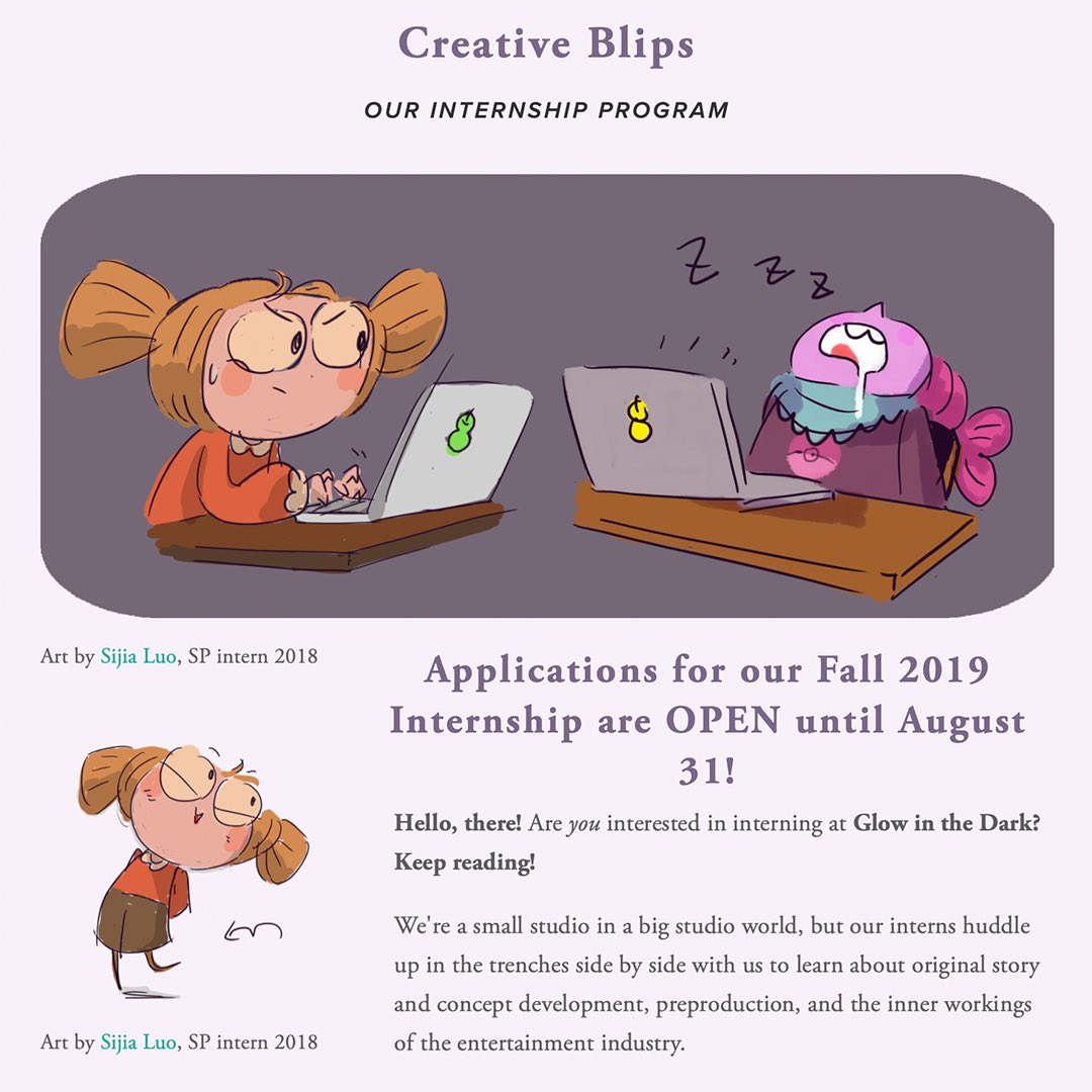 glowinthedarkCS's tweet image. Just a reminder: our Creative Blips #internship applications are open through the end of August! Visit glowinthedarkconceptstudio.com/intern for more details!! 🍂✨🍁✨🍂
#animation #conceptstudio #intellectualproperties #creativeblips #stories #originalstories #artstudent #artist