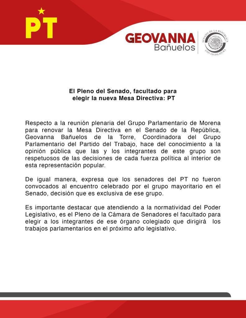 A nombre del Grupo Parlamentario del Partido del Trabajo, comparto con ustedes nuestra postura acerca de la votación por la presidencia de la Mesa Directiva del <a href="/senadomexicano/">Senado de México</a>.