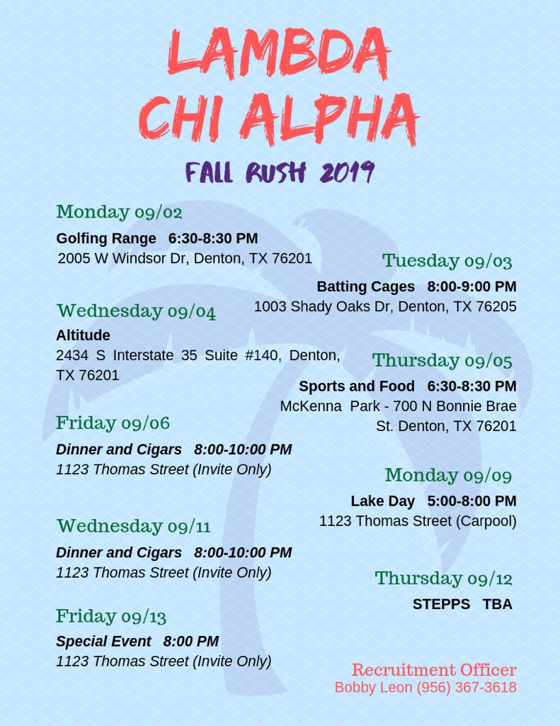 UNTLambdaChi's tweet photo. ‼️FALL 2019 RUSH SCHEDULE ‼️ #unt23 #rushCHOPS https://t.co/7YgpyQcCXg