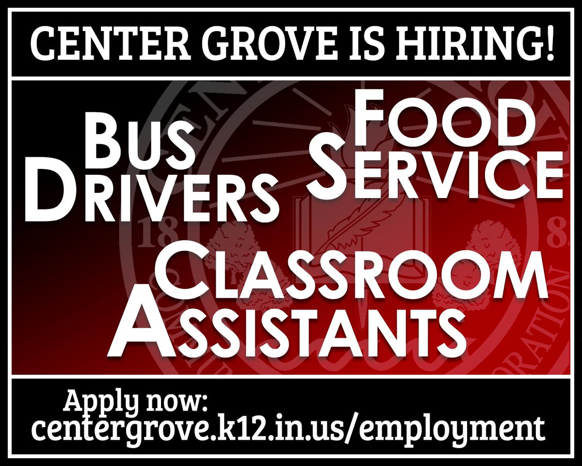 center_grove's tweet photo. Center Grove is hiring! We have immediate openings for:
+ Bus Drivers (training available)
+ Food Service employees (4-hour @ MSC, 6.5-hour &amp; 3-hour @ WGES)
+ Classroom Assistants (CGES, MGES, NGES, MSC, &amp; CGHS)
Go to https://t.co/Jmus6SqrPV for more information and to apply! https://t.co/Mo64hmZ3gO