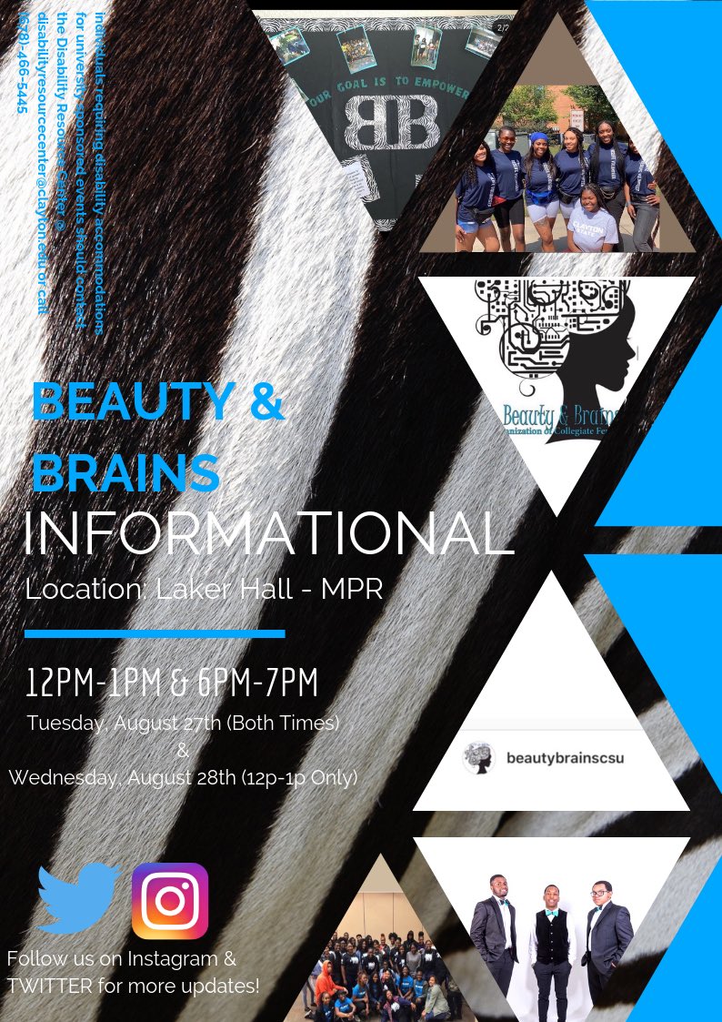 BeautyBrainsCSU's tweet photo. We want to extend the invitation to all CSU students to attend our Fall 2019 informationals. On Tuesday, August 27th @ 12-1p &amp; 6-7p and Wednesday, August 28th @ 12-1p in Laker Hall Multipurpose Room (1st floor) Any questions please feel free to DM @beautybrainscsu. See you there! https://t.co/GEX6EMaZoM