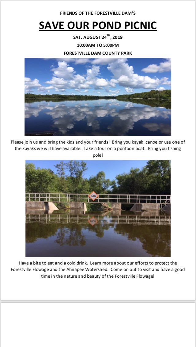 FriendsDam's tweet photo. Mark your calendars! FOFD Save Our Pond Picnic is Saturday, August 24, 2019.
At the Dam of course.
@foxriverkayak
Bring the kids and your friends.
NO DRAWDOWN
#FOFD https://t.co/vYPjElCdR9