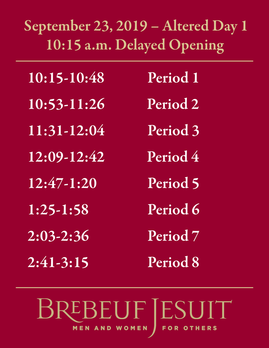 BrebeufJesuit's tweet photo. Here is the schedule for tomorrow's 10:15 a.m. Delayed Opening for Professional Development on September 23, 2019. https://t.co/wHnVYj8rfk