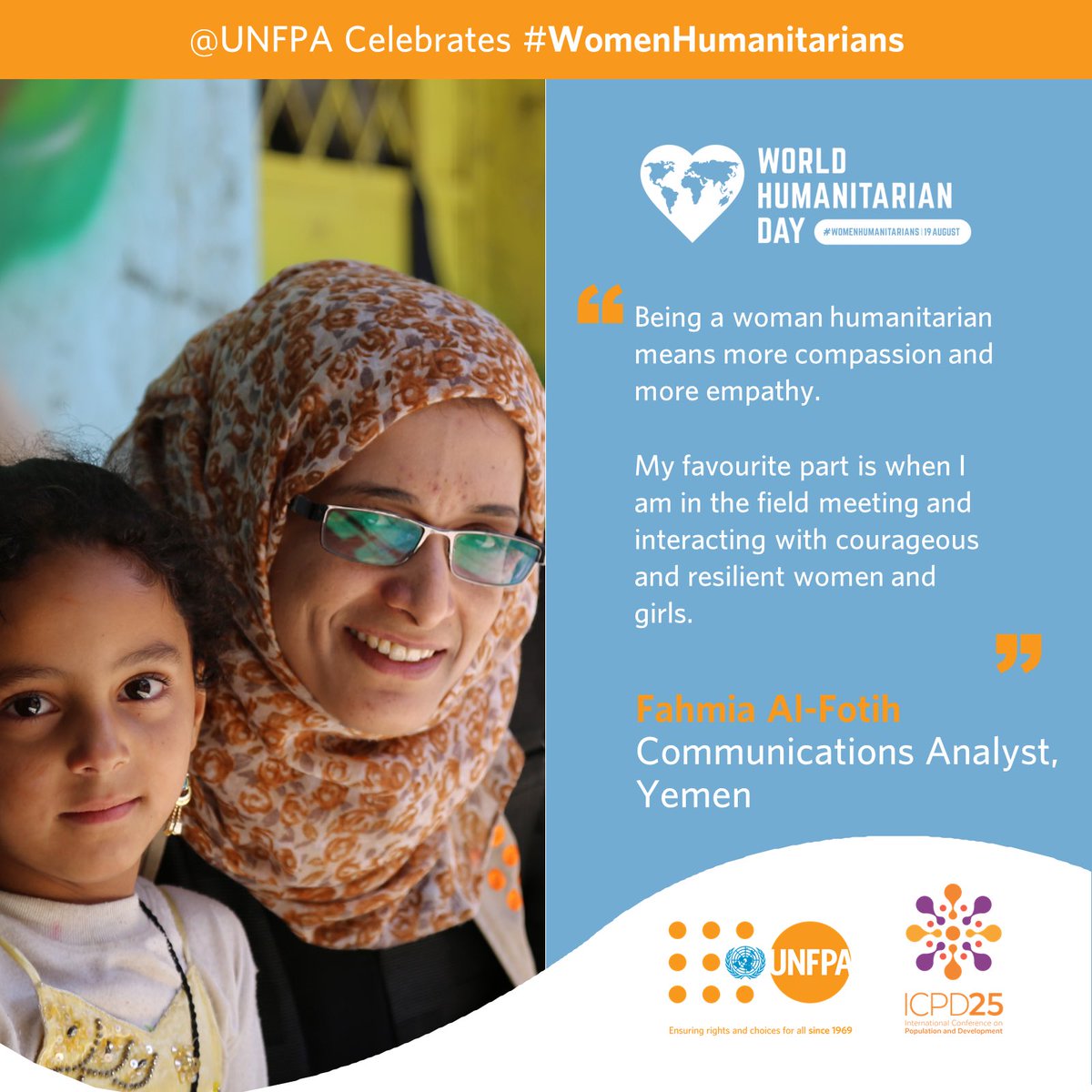 UNFPA's tweet photo. #WomenHumanitarians, like Fahmia in #Yemen, inspire us every single day.

Today, on #WorldHumanitarianDay, we honour the contributions they make in the lives of those caught in conflicts and crisis around the world 🧡

#WHD2019 https://t.co/KwqZhx3Pt3