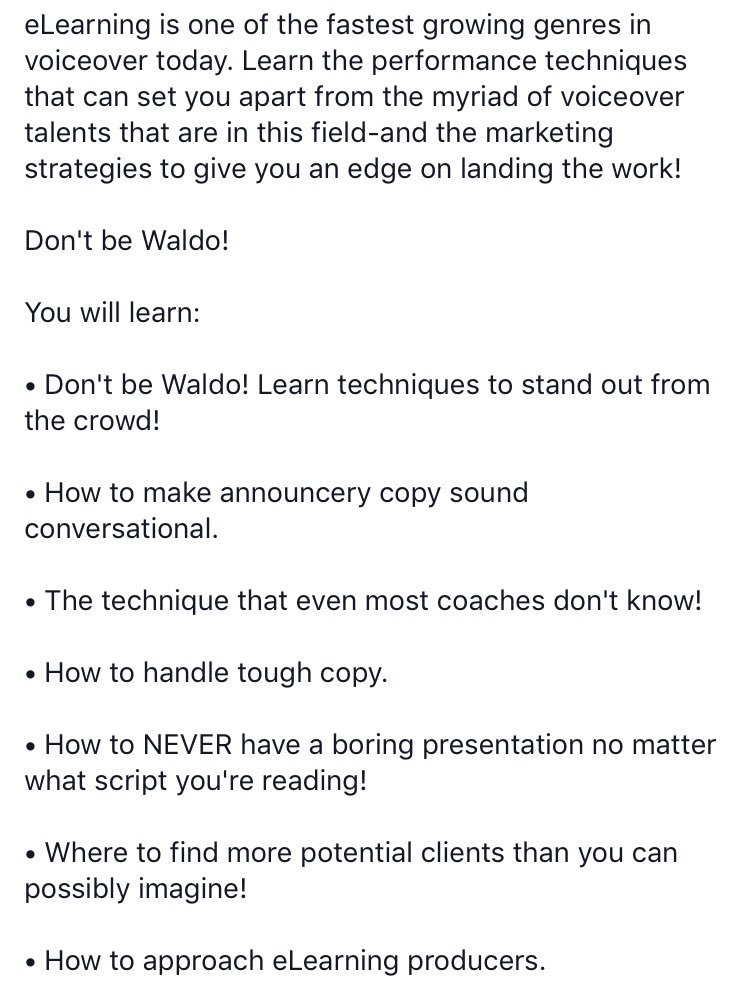 JulieWilliamsVO's tweet photo. Starts Tonight! Mastering eLearning Performance &amp; Marketing 3-session webinar with: Julie Williams &amp; Carrie Olsen

Monday, August 19

Monday, August 26

Tuesday, August 27 

6pm PST/9pm EST

ONLY $199 (Payment plan available)  Links to register in comments https://t.co/GsnxIM6obA