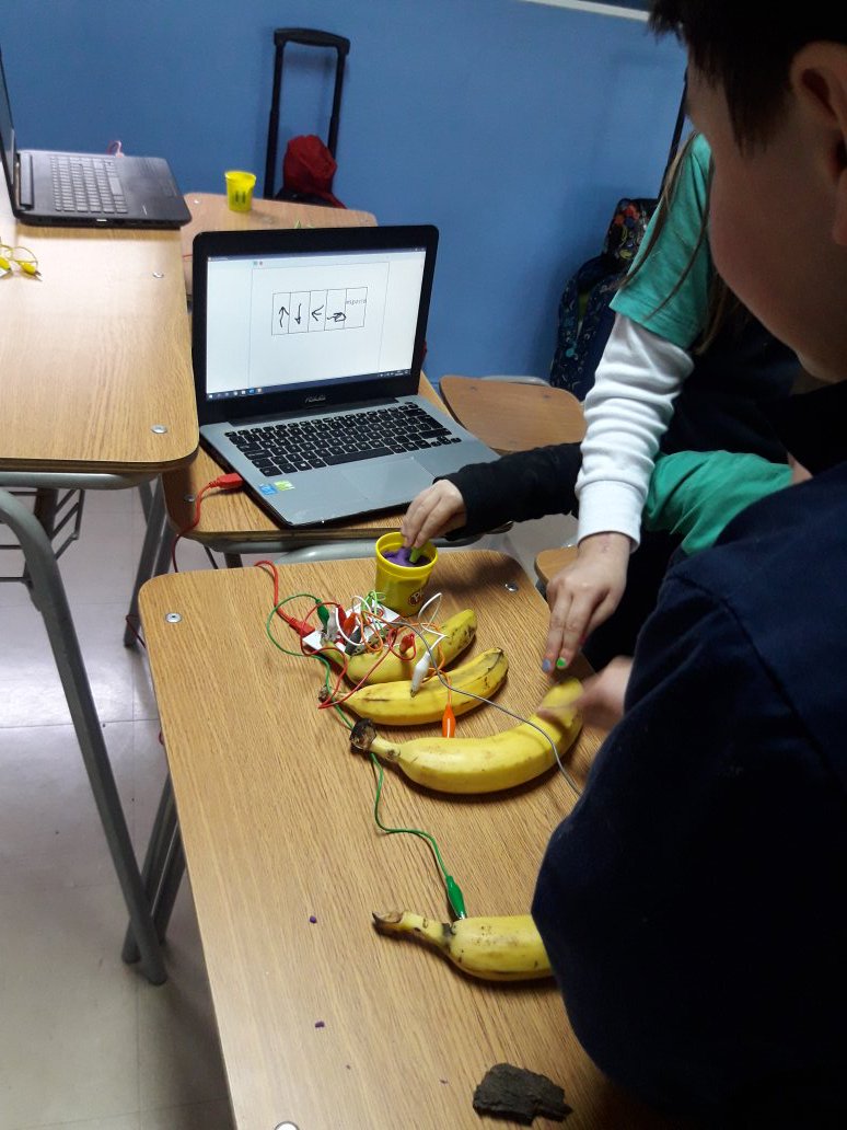 UncoEnglish's tweet photo. Taller @makeymakey  con niños de 3° Básico de @santacruzdeunco. Clase de uso y cuidados de la placa y los cables. Y finalizamos con nuestro piano de plátanos 🍌🎹 @DeptoDICE #unco2019 #MakeyMakey #scratch #programación https://t.co/zxDmmD1tPr