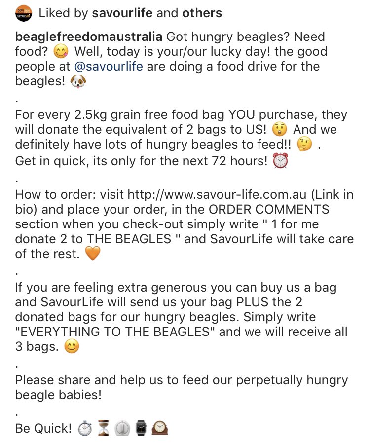 alicesweeting's tweet image. Not a sports analytics tweet but if you love 🐶 &amp;amp; wish to support an awesome organisation, @SavourLife are running a food drive for @BeagleRescueVic. Buy &amp;amp; donate a 2.5kg bag of kibble &amp;amp; @SavourLife will donate 2 additional bags for perpetually hungry beagles. See 📷
@beaglefacts