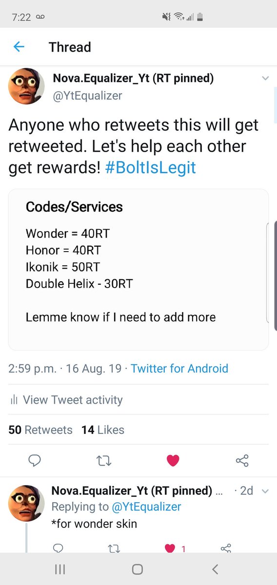 Novvvvvvvvva's tweet photo. @bolt_rt
I forgot to specify what I want for the retweets so I took a screenshot of the replies where I do specify. (Below my first reply I specify 40 rts)
#BoltIsLegit https://t.co/BuXklvw937