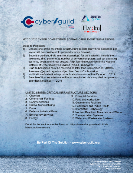 Our pillar program, Cyber-Guild(tm), and Sentek Global, Inc are looking for college students interested in developing critical infrastructure #cyber scenarios for the 2020 Mayors Cyber Cup competition. Submissions are due September 15 #HigherEducation #cybersecurity