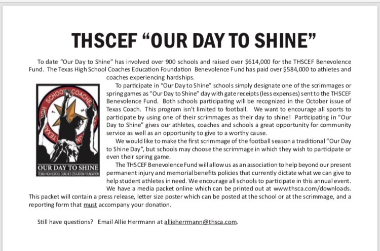 This Thur 🏈 Kicks Off with a scrimmage against Boerne Championship at Heroes
Sub Varsity at 4:30 &amp; Varsity at 5:30.
It’s also Our Day to Shine!
An opportunity to make a donation to Texas High School Benevolence Fund! 
See pics
@WCRonHarris @yankee_todd <a href="/ilovemychargers/">Ilovechurchill</a>