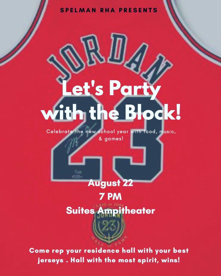 Class of 2023! Come out in your jerseys to the annual RHA Block Party! The residence hall with the most residents dressed in jerseys (and shows the most spirit) wins the RHA spirit stick until the next RHA event! #Spelman23